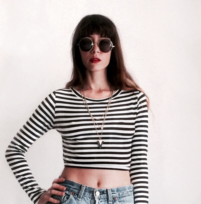 Long Sleeve Crop Black and White Stripes image 2