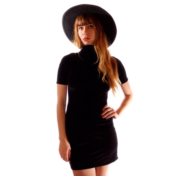 Velvet Turtle Neck Mini Dress, Black Velvet, High Neck, Short Sleeve, Velvet Dress,