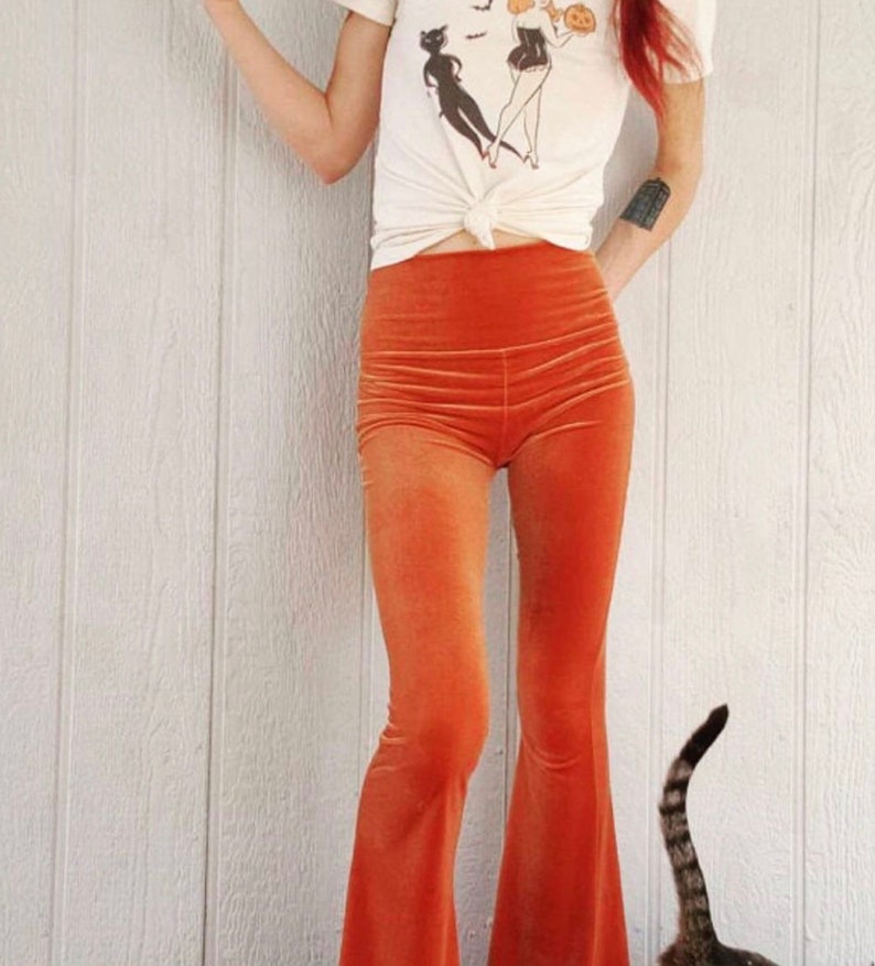 Velvet Bell Bottoms High Waist Flares Festival Clothing Solid Velvet Pants Hippie Boho Festival Wear 画像 3