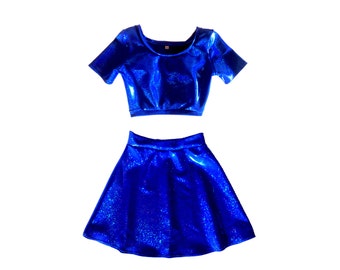 Blau holographische passende Set Kurzarm Ernte und TELLERROCK
