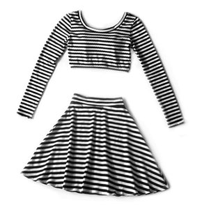 Two Piece Karma Stripe Set Long Sleeve Crop and High Waist Skater Skirt, Matching Set, Twin Set, Black and White Stripes
