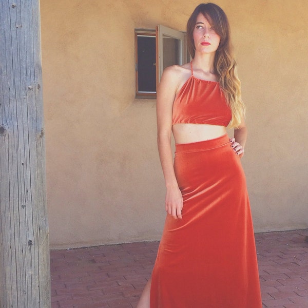 Velvet Maxi Skirt with slit, side slit, Long skirt, boho, hippie, festival, festival wear, rust, orange velvet