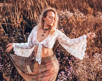 Top de encaje de marfil con mangas acampanadas, transparente, top de corbata frontal, blusa transparente, ropa de festival para mujeres, ropa de hombre ardiente para mujeres