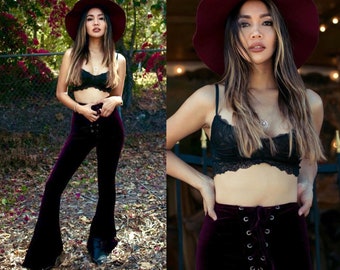 Lace Up Velvet Bell Bottoms High Waisted Tie Front Burgundy Festival Clothing High Rise Grommet Corset Flare Pants Velvet Flares