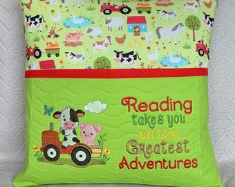 Tractor Reading Pillow Cover, Kids Book Cushion