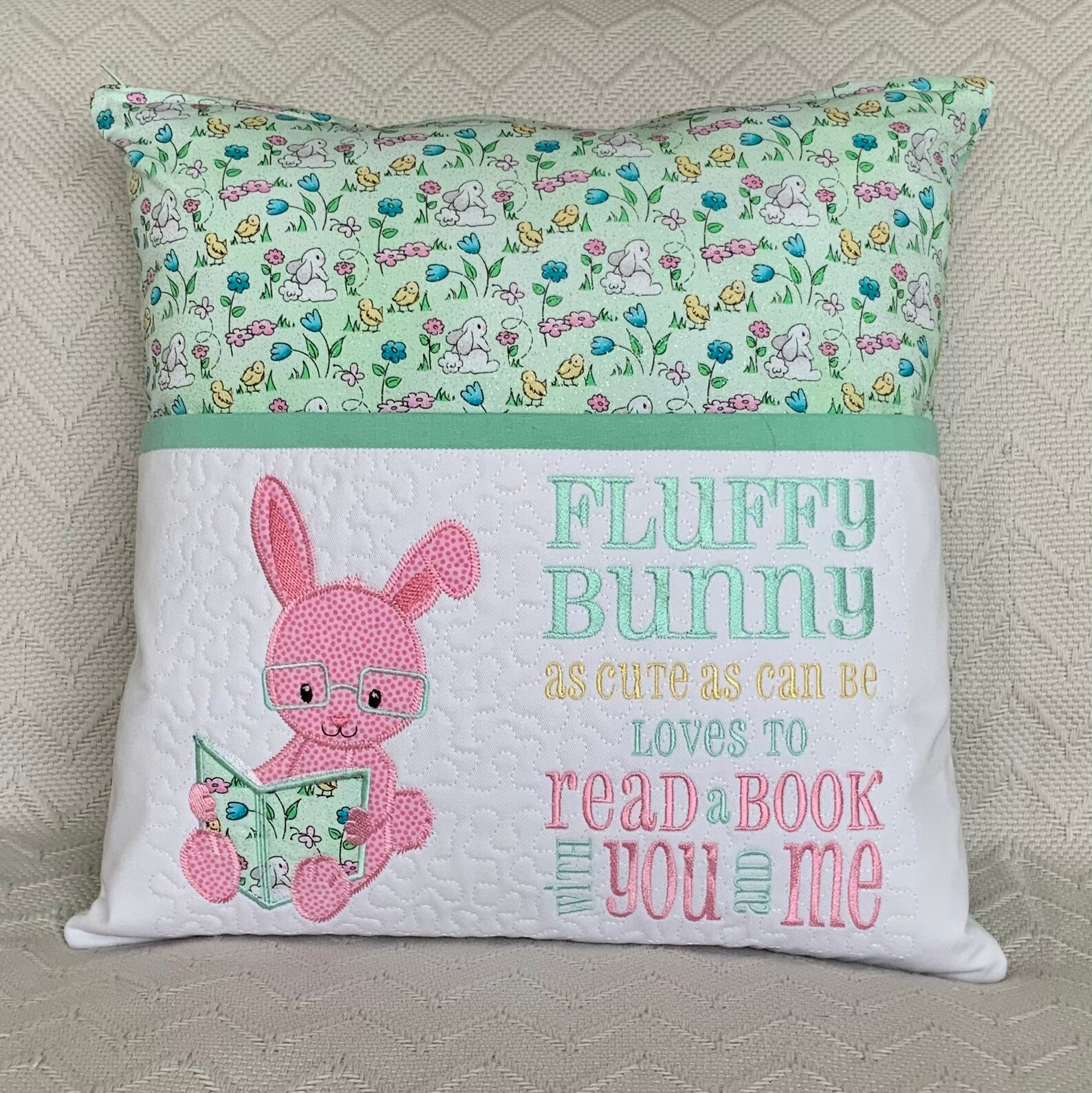 Reading cushion cover/Cute bunny and verse on pocket/Easter Etsy