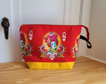 Extra large Queen of Hearts project bag for knitting, crochet, or embroidery with zipper closure and wrist strap, slip pockets inside