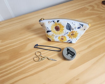 Extra small notions pouch for knitting, crochet, craft tools with sunflower fabric