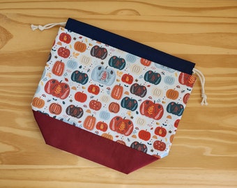 LARGE fall pumpkins project bag for knitting, crochet, or embroidery with drawstring and pockets; autumn gourd print bag