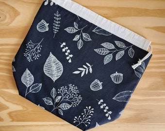 LARGE black and cream acorn and leaf print project bag for knitting, crochet, or embroidery with drawstring and pockets