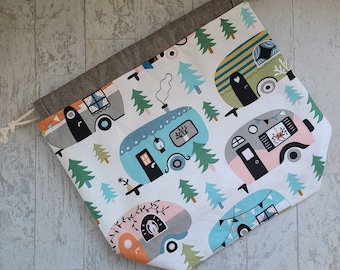 Large camper knitting project bag with RV print for knitting, crochet, or embroidery with drawstring and pockets