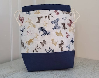 MEDIUM Project bag for knitting, crochet, needlework; Puppy and dog print drawstring pouch with pockets