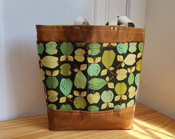 Tote bag for knitting, crochet, or embroidery; project bag with green apples and pears