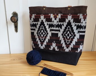 Tote bag for knitting, crochet, or embroidery; flannel geometric print