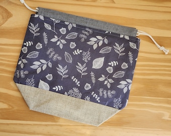 LARGE  acorn and leaves project bag for knitting, crochet, or embroidery with drawstring and pockets; key words