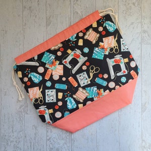 Large Knitting Project Bag: Sewing Notions Print, Coral Cotton Base