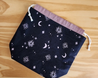 Medium mauve and black moons and stars project bag for knitting, crochet and needlework; lunar craft bag