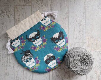 Small Project bag for sock knitting, crochet, needlework; Halloween skulls with masks drawstring pouch.