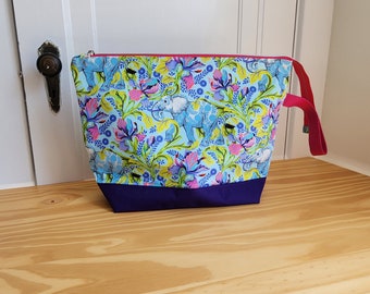 Extra Large elephant print project bag for knitting, crochet, or embroidery with zipper closure and wrist strap, slip pockets inside