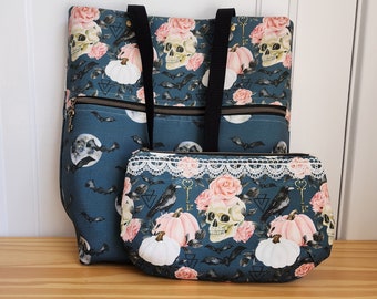 Tote bag with matching pouch for knitting, crochet, or embroidery; project bag with skulls and roses