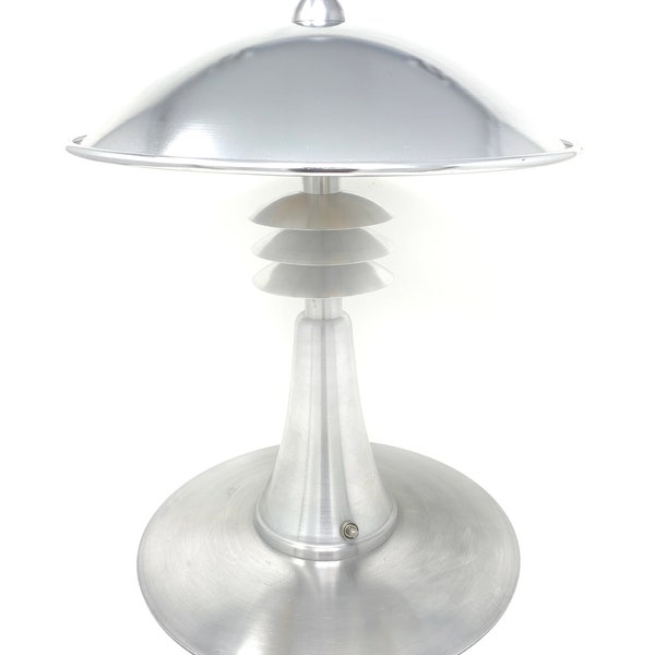 Vintage Glamour Art Deco Style Space Age Brushed Aluminum Table Lamp 12" Shade