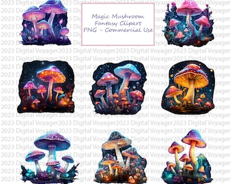 Colorful Magic Mushroom Fantasy Clipart - Enchanted Forest, Fairy, Witch, Glowing - Instant Download - PNG, Commercial Use, POD Friendly