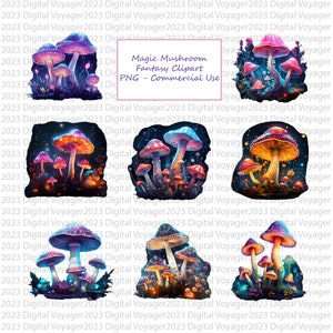 Colorful Magic Mushroom Fantasy Clipart - Enchanted Forest, Fairy, Witch, Glowing - Instant Download - PNG, Commercial Use, POD Friendly