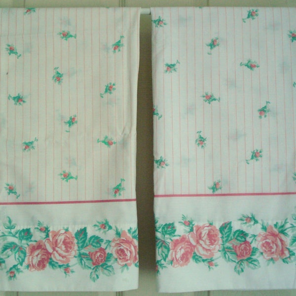 Vintage Shabby Pillowcase Pair Pink Rose Shabby Cottage Chic Vintage J.P. Stevens 50/50 Percale Pink Rose on White Stripe Standard Size