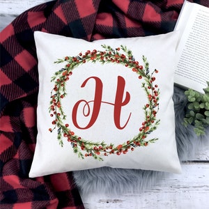 Personalized Berry Wreath Canvas Pillow Cover 18x18 Invisible Zipper Monogram Christmas Pillow Cover Initial Green Wreath Holiday Pillow