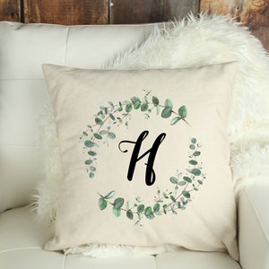 Monogrammed Pillow Cover Eucalyptus Wreath 18x18 Canvas Invisible Zipper Personalized Modern Farmhouse Shabby Chic Initial Wedding Gift