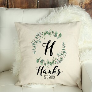 Monogrammed Pillow Cover Eucalyptus Wreath 18x18 Canvas Invisible Zipper Personalized Modern Farmhouse Shabby Chic Initial Wedding Gift