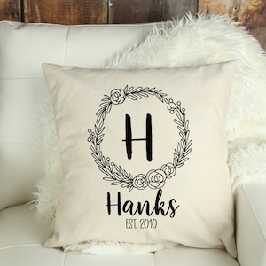 Monogrammed Pillow Cover Black Floral Wreath 18x18 Canvas Invisible Zipper Personalized Modern Farmhouse Initial Wedding Gift Black Ivory