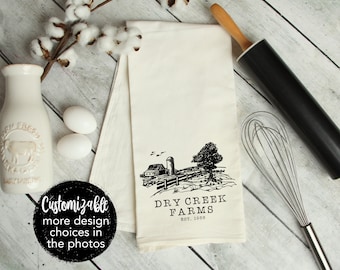 Personalized Family Farm or Ranch Name Established Date Drawn Flour Sack Dish Tea Towel 28x28 Kitchen Farmhouse Rustic Ranch Barn Country