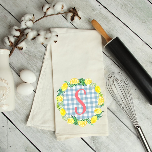 Personalized Flour Sack Dish Towel Monogrammed Tea Towel 28x28 Kitchen Towel Modern Farmhouse Lemons Gingham Summer Wedding Gift