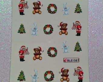 One sheet of Christmas teddy bear and Santa water transfer stickers - NAIL ART