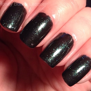 What Do You Do For Money Honey - black nail polish - green shimmer nail polish - indie nail polish - nail lacquer - handmade - makeup