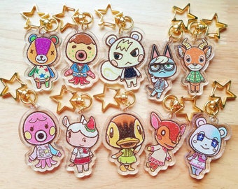 Cute Villagers Double Sided Glitter Acrylic Charm Keychain