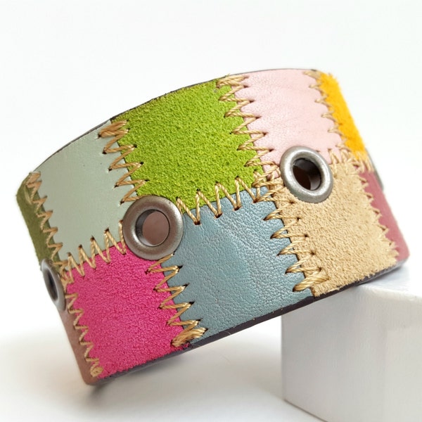 Colorful Salvaged Leather Cuff (Checkerboard / Patchwork Colors, Suede and Leather) with Silver-tone Hardware. 8.5” Inches Long.