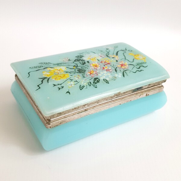 Vintage Celluloid / Plastic Turquoise Hinged Box, Floral Motif, Retro Design