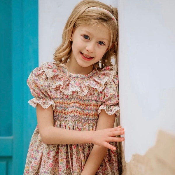 Children's Floral Print Smocked Casual Dress