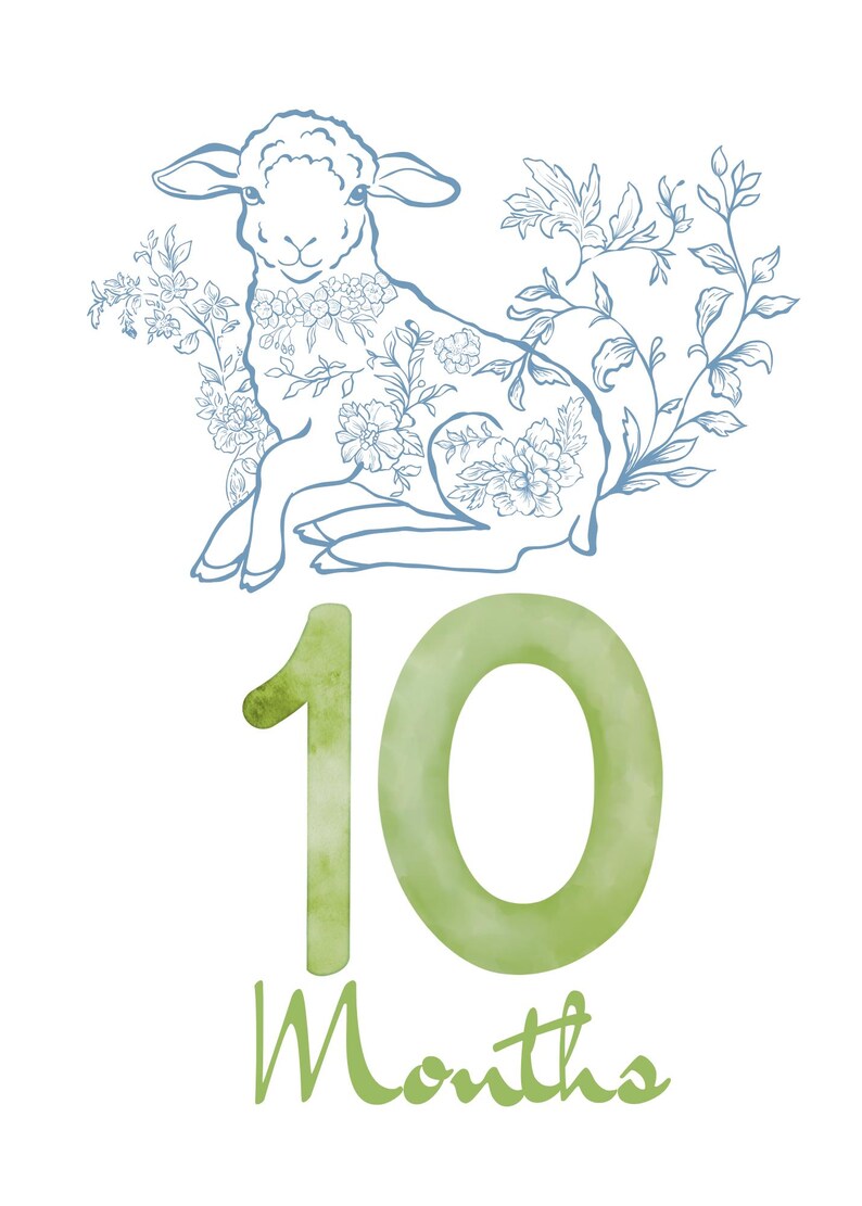 May include: A light blue line drawing of a lamb with floral accents, and the number 10 in green watercolor, with the word "Months" below. The lamb is decorated with flowers and vines.