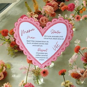 Printed Heart Menu, Wedding, Custom Scalloped Menu, Bridal shower