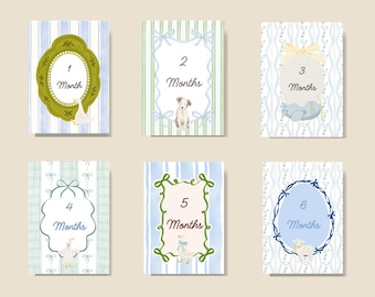 Baby Milestone Cards, 12 months, Printed, Linen Textured paper, Grandmillenial, Whimsical