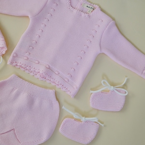 Spanish Style Knitted Baby Girl Set, Knitted Set, Spanish baby clothing, Baby Bonnet, Knit Bloomers, Baby girl set, Pink Knitted Set