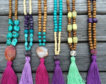Tassel Necklace - Long Beaded Necklace - Wood Necklace - Bohemian Necklace agate necklace - 1 piece
