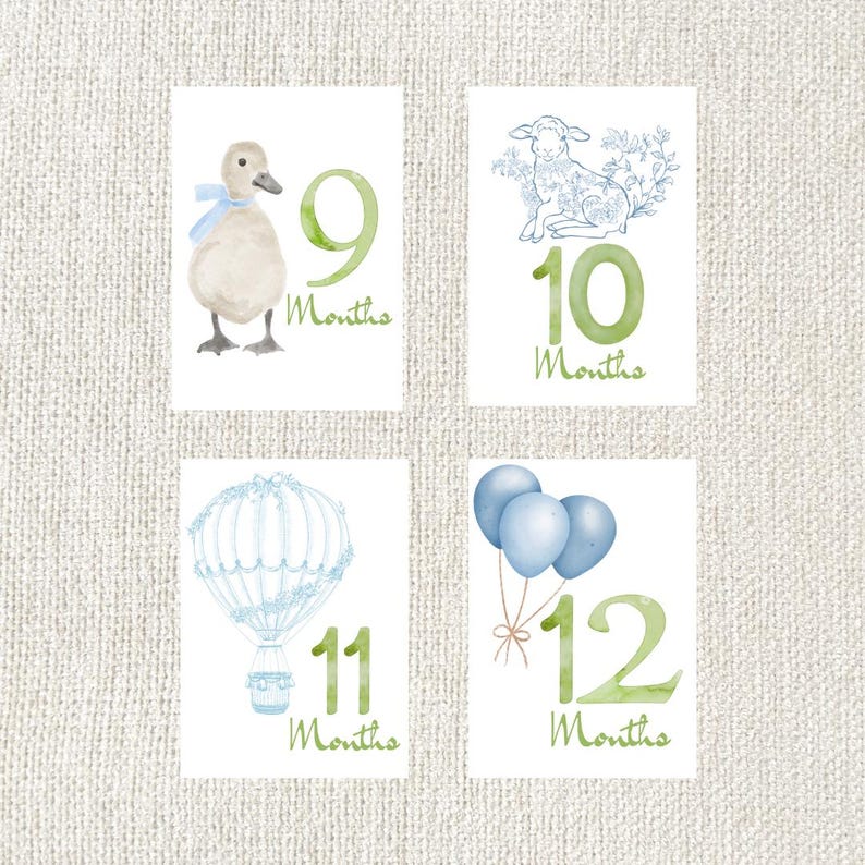 Four watercolor baby milestone cards. Each card features a number from 9 to 12, with the word "Months" below. The cards have illustrations of a duck, lamb, hot air balloon, and balloons, all in soft blue and green hues.