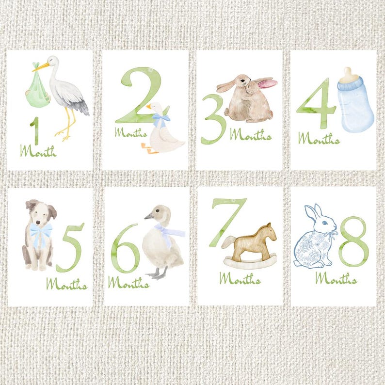 Watercolor baby milestone cards featuring numbers 1-8 with corresponding illustrations. The cards include a stork, duck, rabbits, bottle, puppy, duck, rocking horse, and a bunny. Each card has the word "Month" written below the number.
