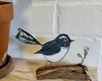 Handmade Willy Wagtail Bird Sculpture, Wire and Resin Art on Wood Log