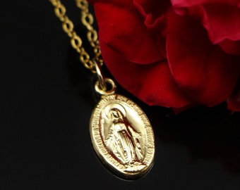 Tiny Two Sided 14K Gold Filled Miraculous Medal on Gold Filled Chain