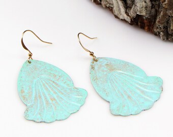 Vintage Brass Fans with Hand Painted Verdigris Patina on Gold Plated Fish Hook Ear Wires